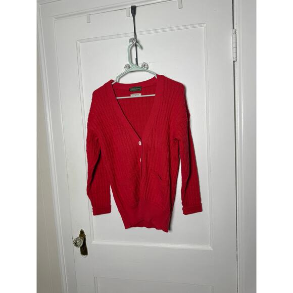 Vintage James Davis Red Grandpa Cable Knit Fisherman Cardigan Sweater Medium - Picture 1 of 8